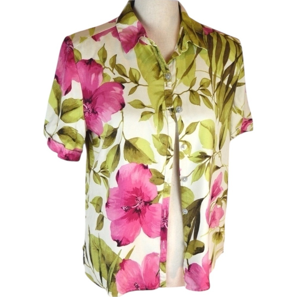 Jamaica Bay Silk Blend Button Down Floral Short Sleeve Blouse, Medium